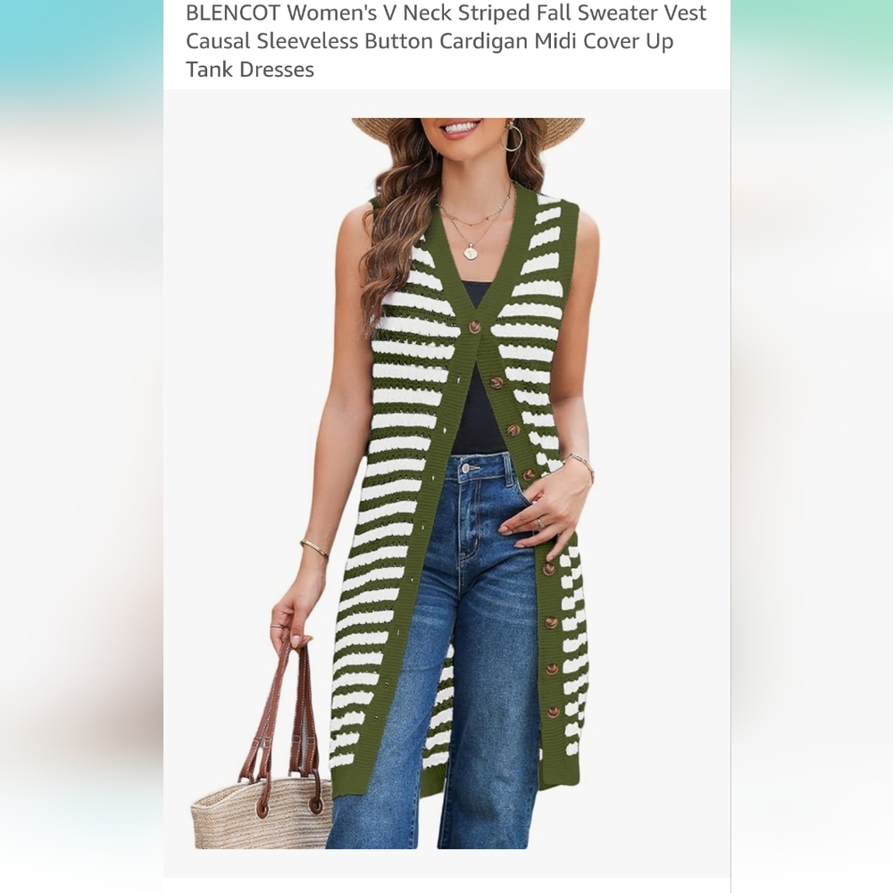 Green and White Striped Button-Up Sweater Vest